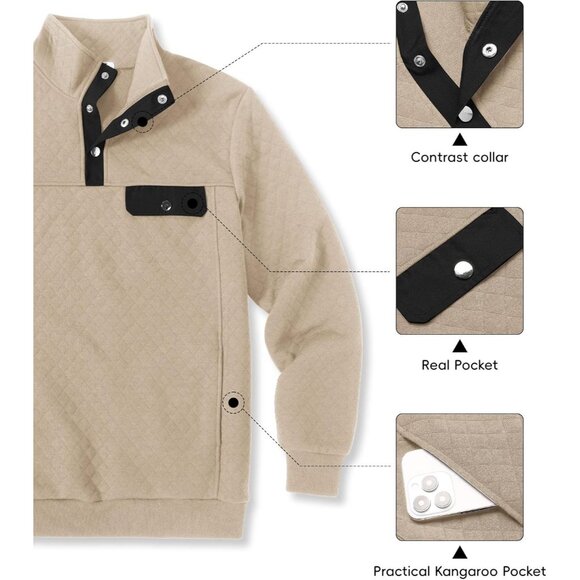 Men's Sweatshirt Quarter Button Pullover Sweatshirt Stand Collar Polo Khaki - Picture 5 of 5